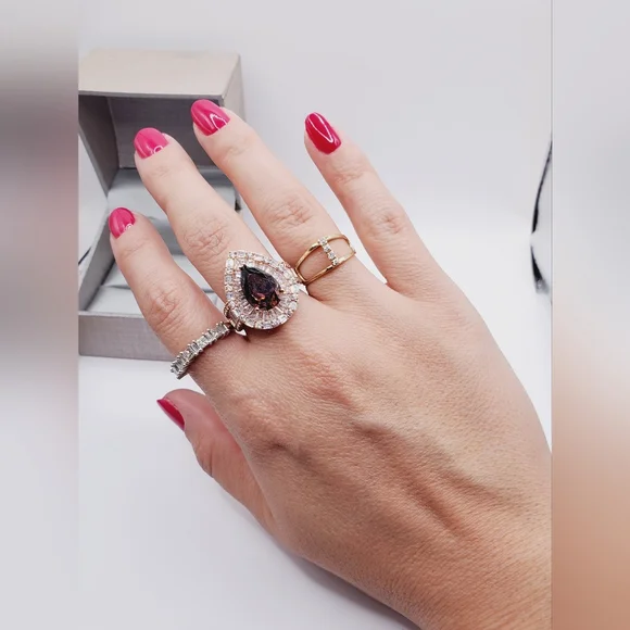 Smoky Quartz & Diamond Simulants 18k Rose Gold - 925 Silver Double Halo Ring - Picture 3 of 6